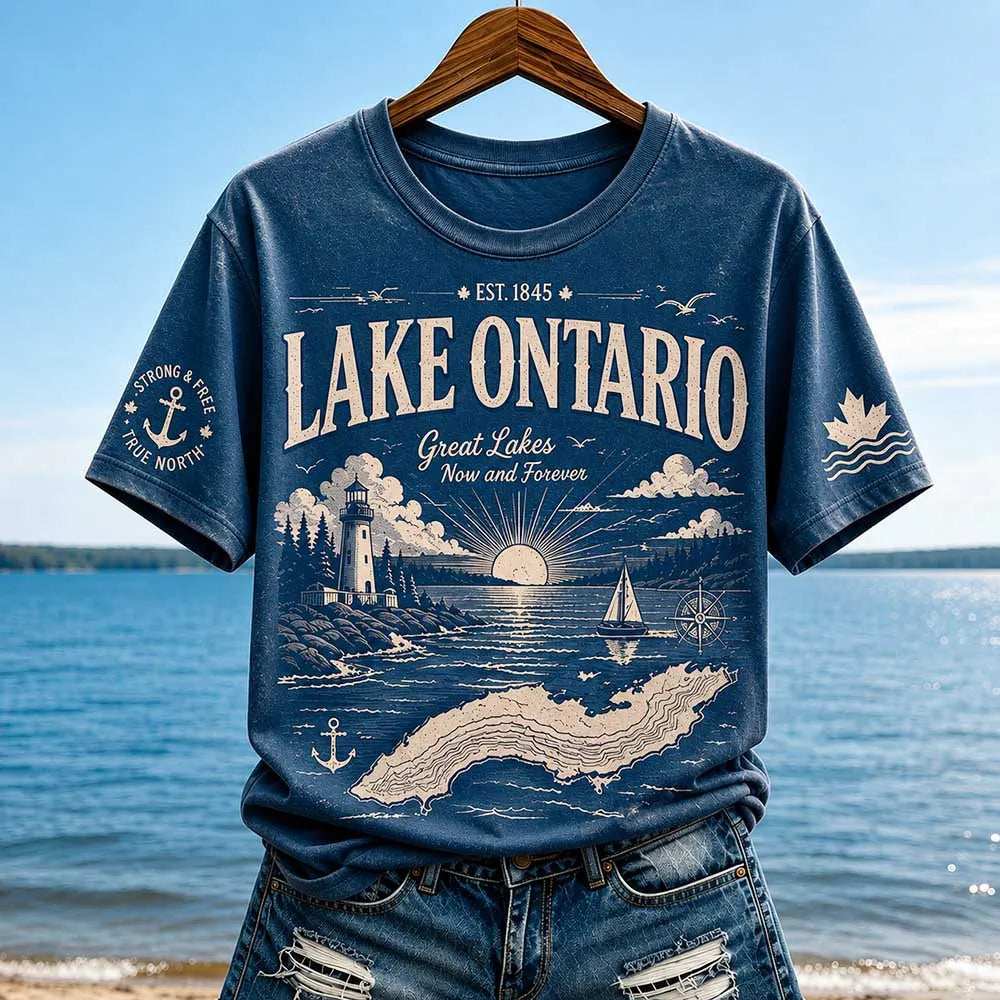 Women's Lake Ontario Graphic T-shirt - Sunset Landscape & Lighthouse Print