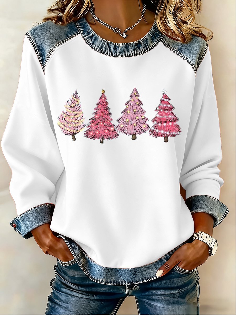 Women's Casual Retro Christmas Fleece-Lined Color-Blocked Sweatshirt