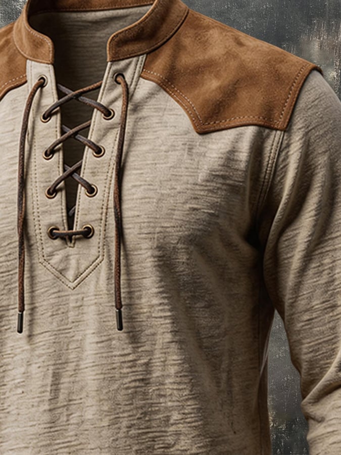 Men's Vintage Slub Cotton & Faux Suede Panel Lace-Up Henley T-Shirt