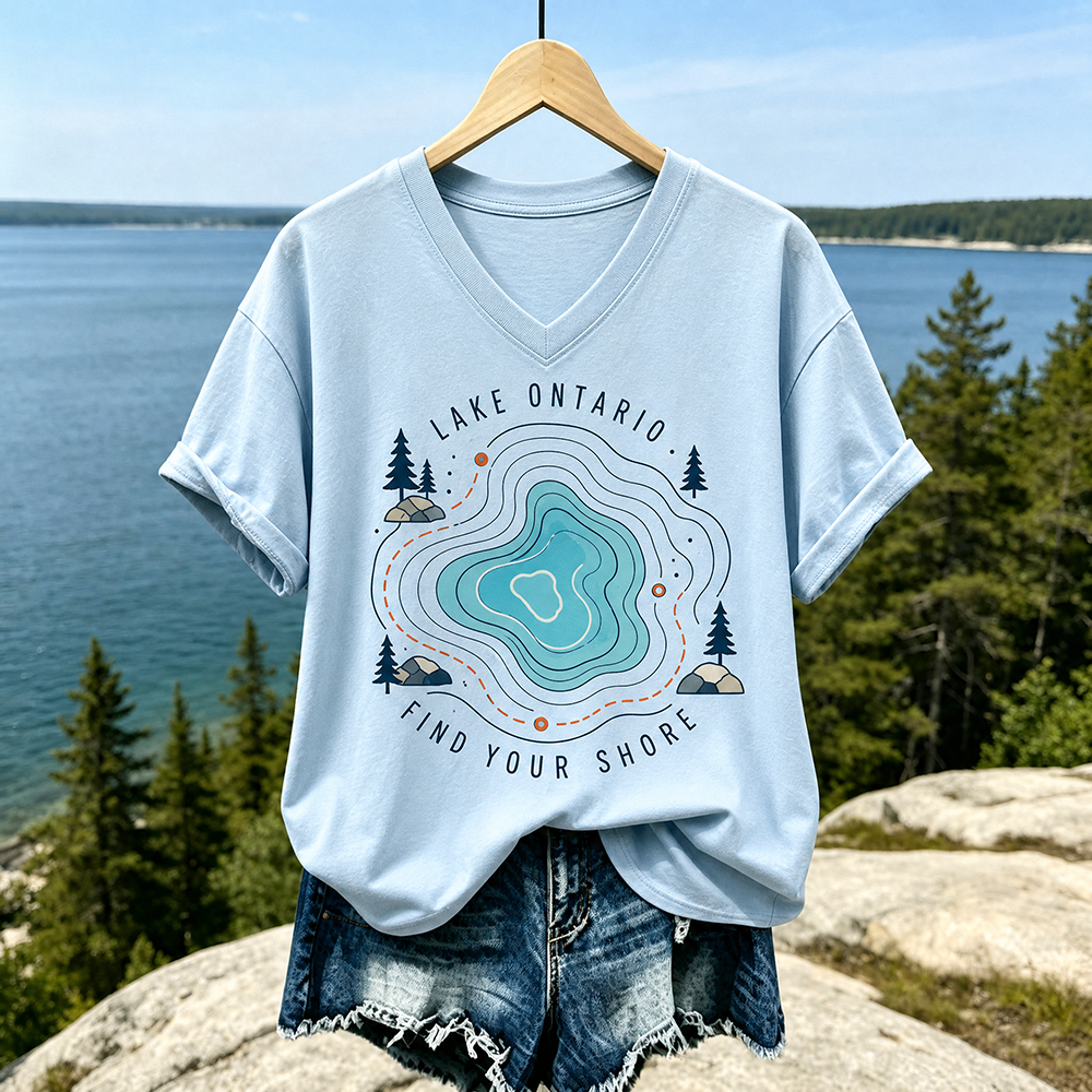 Women's Casual V-neck T-shirt In Light Blue With Lake Ontario Topographic Map And "find Your Shore" Print