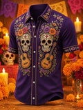 Men's Day Of The Dead Twin Skull Guitar Mixed‐Petal Floral Print Short Sleeve Buttons Shirt