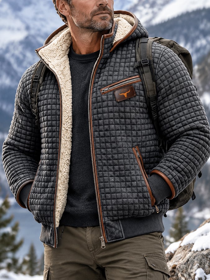 Men's Retro Textured Square Check Double Collar Warm Multi-pocket Outdoor Jacket