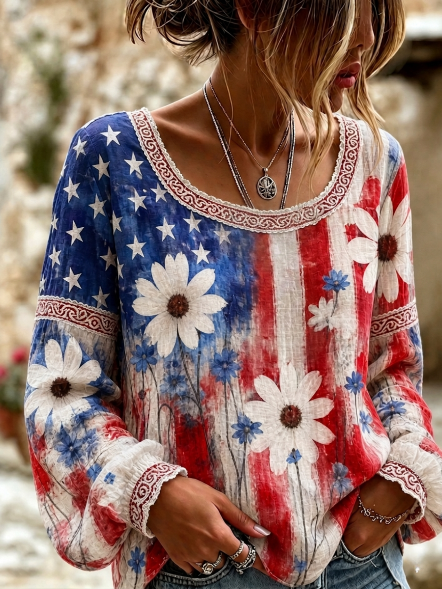 Women's Retro Independent Floral Patchwork Art Print Long Sleeve T-shirt