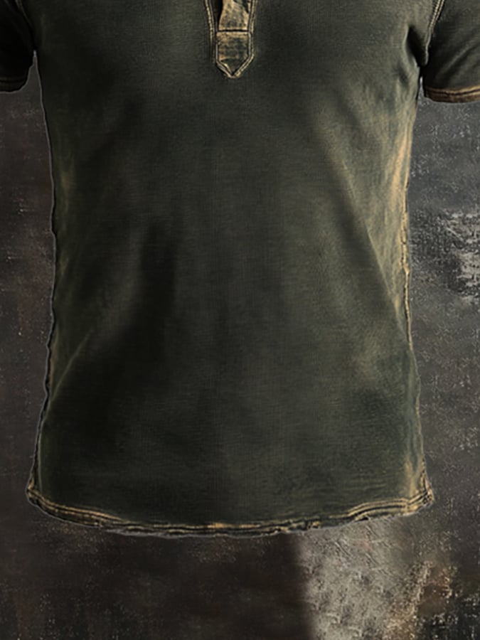 Men's casual vintage-style washed cotton short-sleeved Henley T-shirt