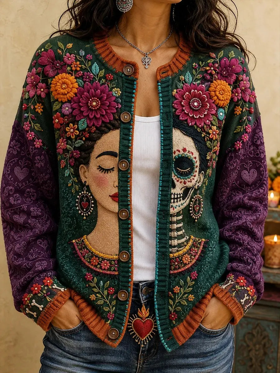 Women's Day Of The Dead Half Lady Skull Vibrant Floral Pattern Print Knit Cardigan