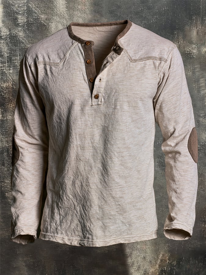 Men's Vintage Comfortable Pure Cotton Color-Block Henley T-Shirt
