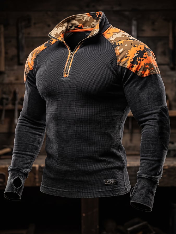 Men's Vintage Cotton Waffle-Knit Camo-Panel Zip-Up Sweatshirt