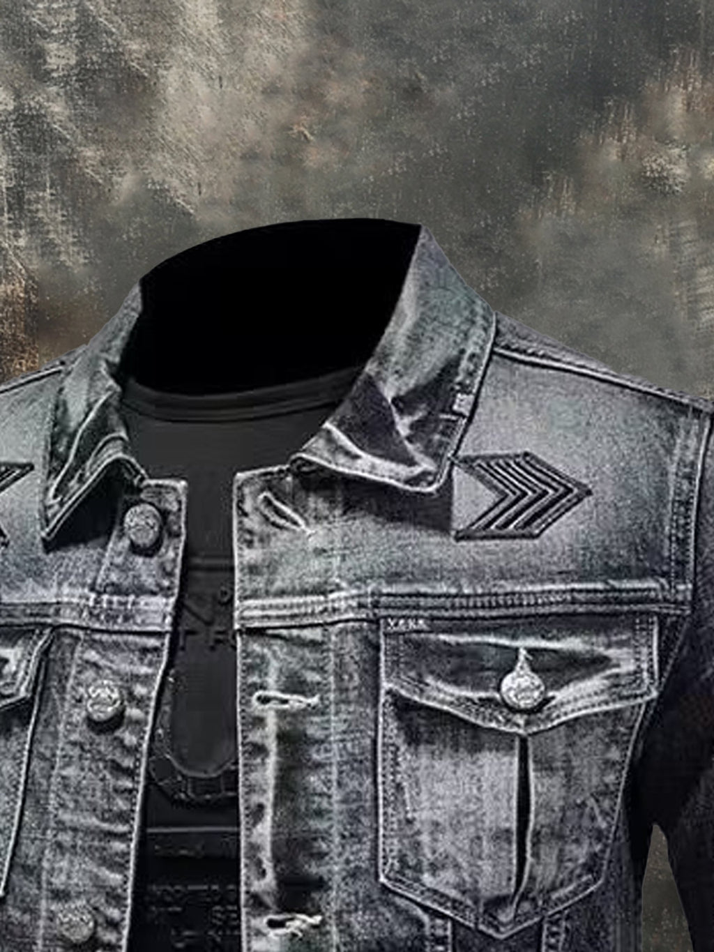 Men's Vintage-Style Washed Denim Biker Jacket with Zip and Lapel Collar