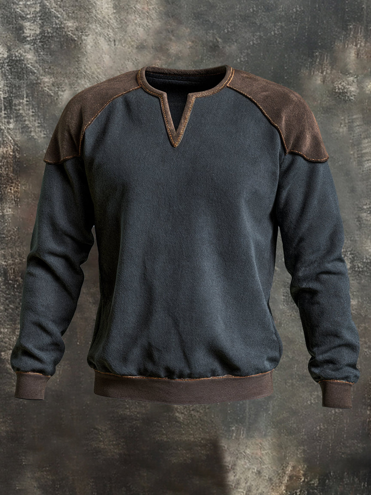 Men's Vintage-Style Distressed Color-Block Sweatshirt with Small V-Neck