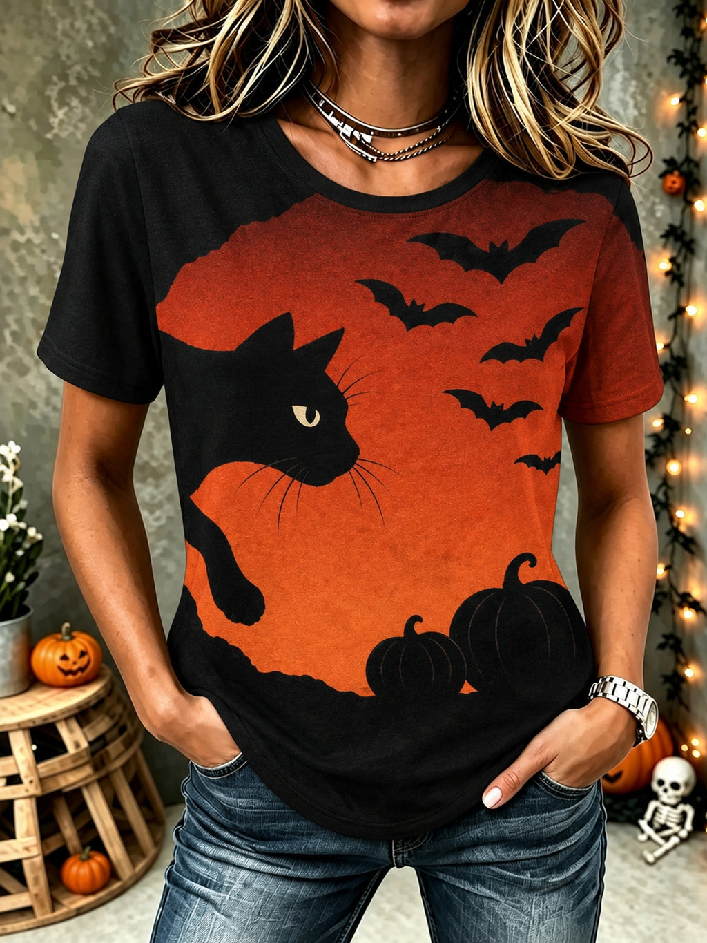 Women's Vintage Gothic Halloween Cat Print Comfy Print Tshirt