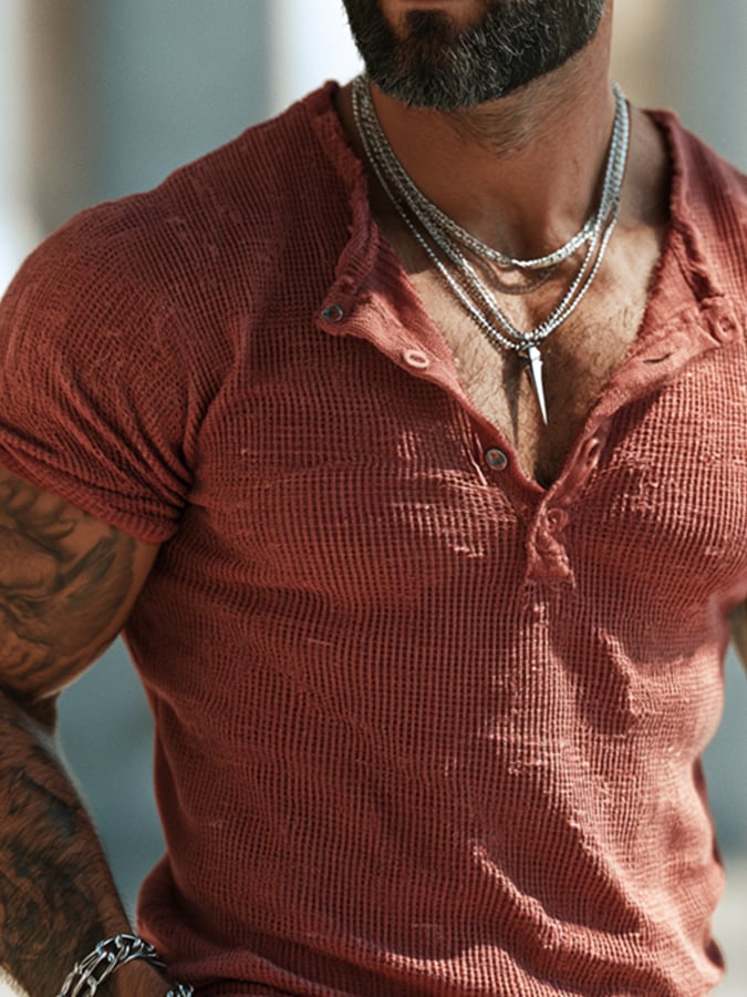 Men'S Fashion Waffle-Knit Short-Sleeve Henley T-Shirt