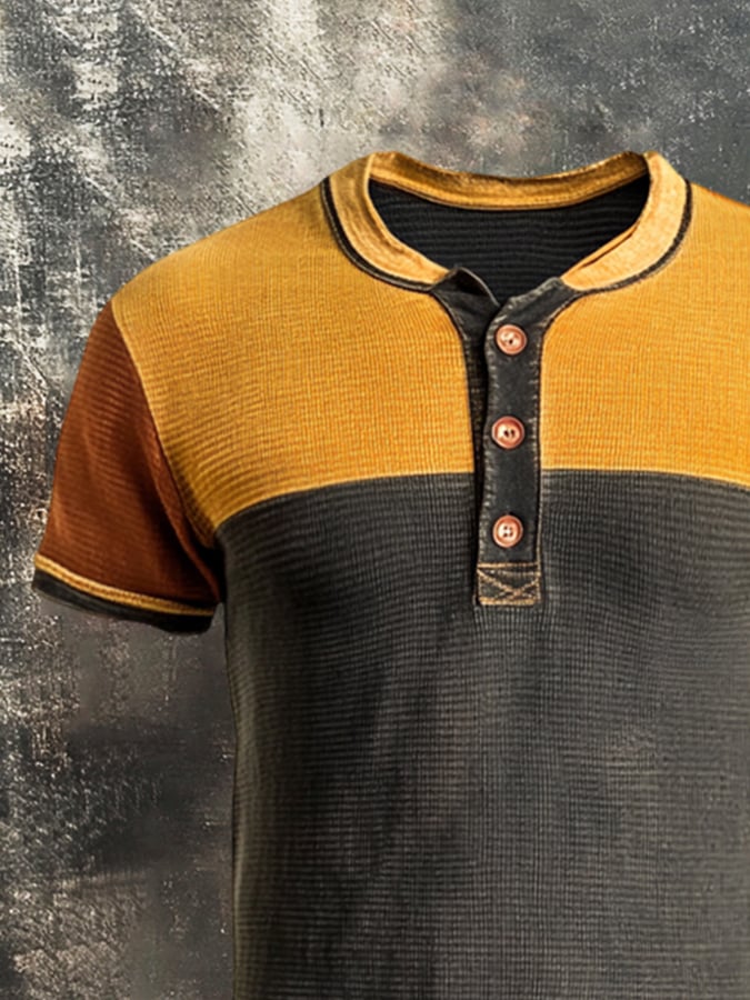 Men's casual waffle henley colorblock t-shirt