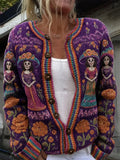Women's Day Of The Dead Calavera Figure Bright Floral Print Knit Cardigan