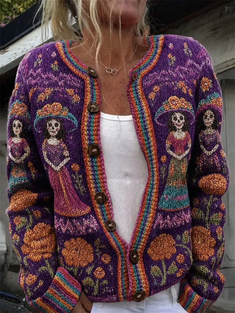 Women's Day Of The Dead Calavera Figure Bright Floral Print Knit Cardigan