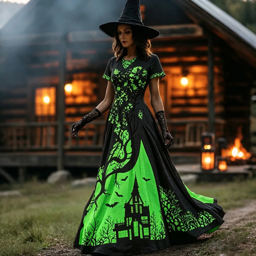 Women's Halloween Gradient Treehouse Design  V-neck Short Sleeves Maxi Dress