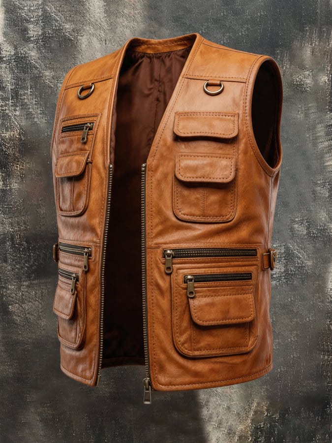 Men's Vintage Multi-Pocket Leather Vest Jacket