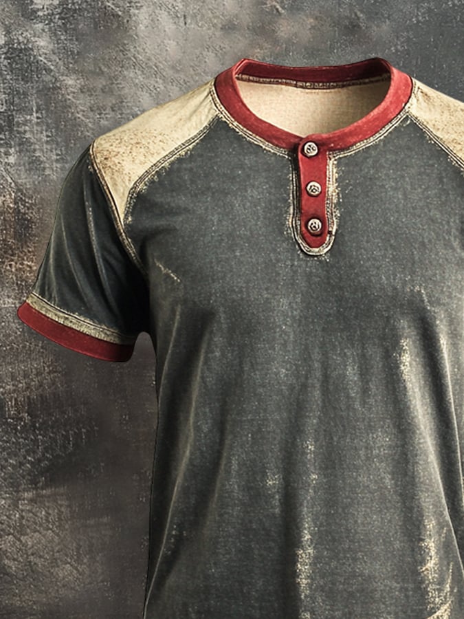 Men's Retro Colorblock Henley Collar Short Sleeve T-Shirt