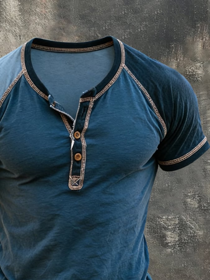 Men's Retro Color-Block Short-Sleeve Henley Shirt