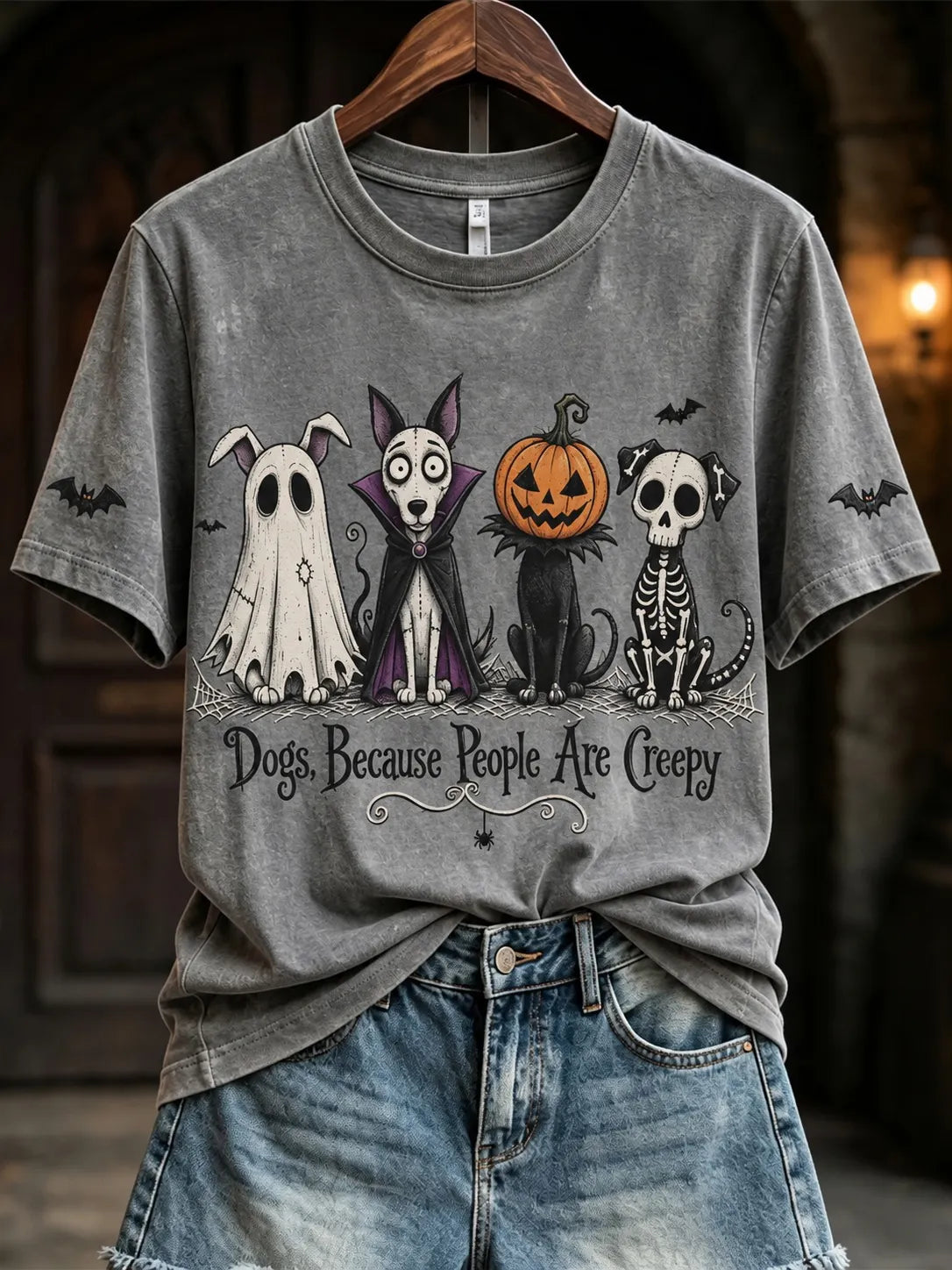 Women's Dogs Because People Are Creepy Halloween Dogs Print Short-sleeved T-shirt