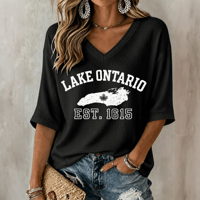 Women's Lake Ontario Printed Mid-length Sleeves V-neck T-shirt