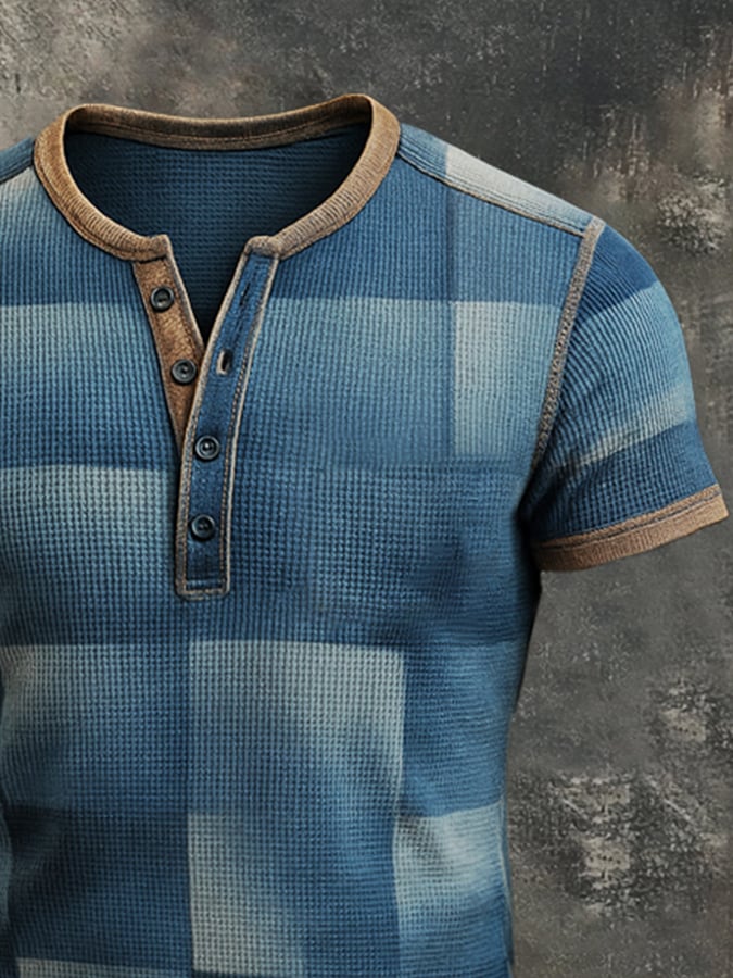 Men's casual waffle print colorblock Henley T-shirt