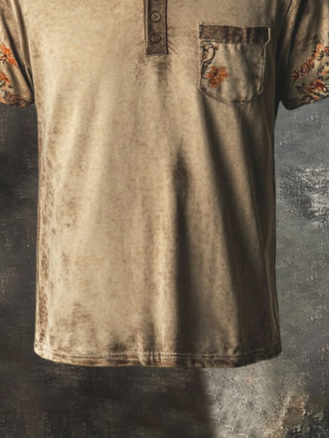 Men's casual Henley t-shirt in vintage style with floral stitching and short sleeves
