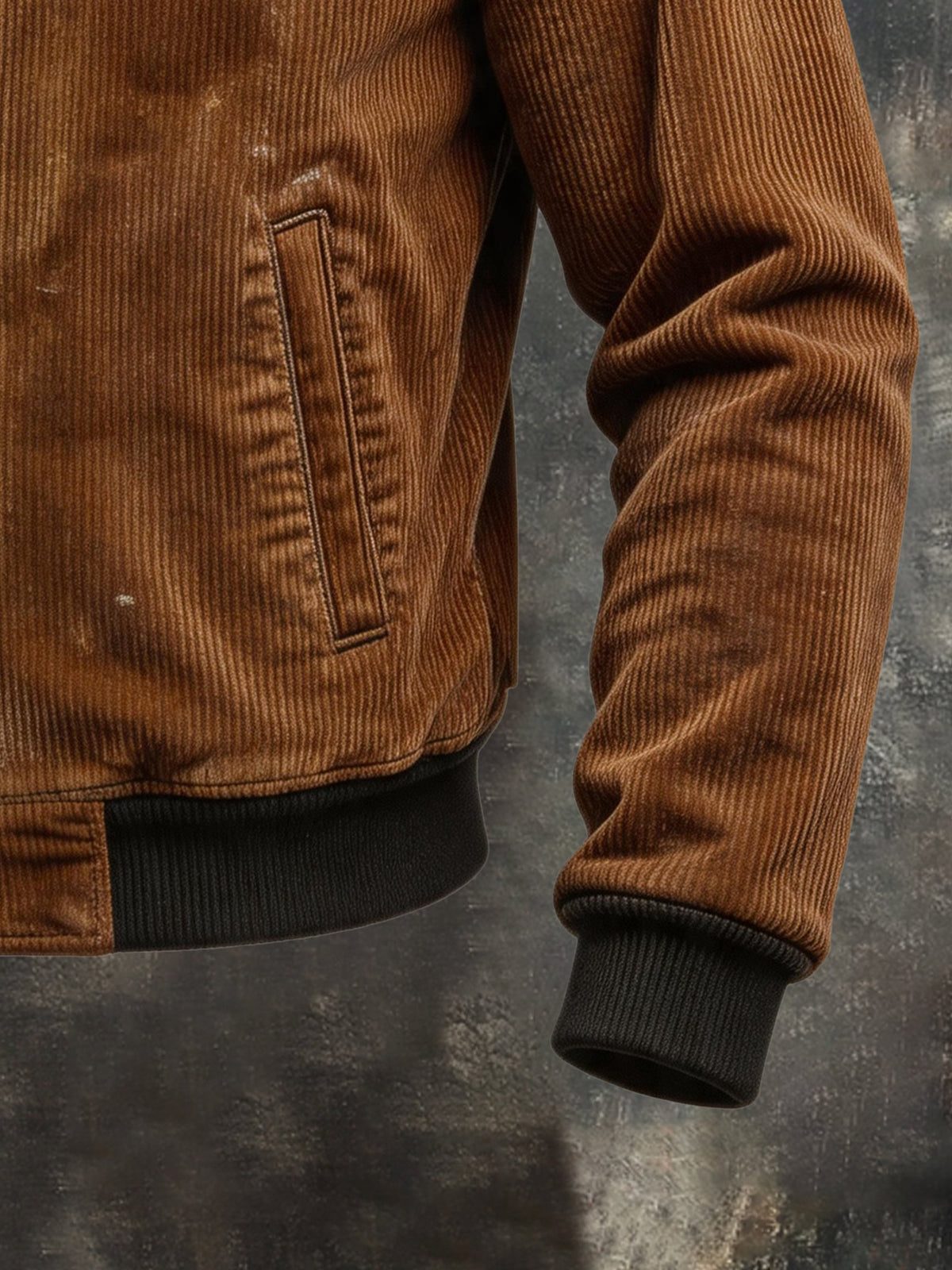 Men's Vintage Corduroy and Leather Panel Jacket with Diagonal Zipper