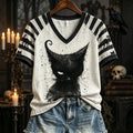 Women's Vintage Halloween Striped Cat Print V-neck T-shirt