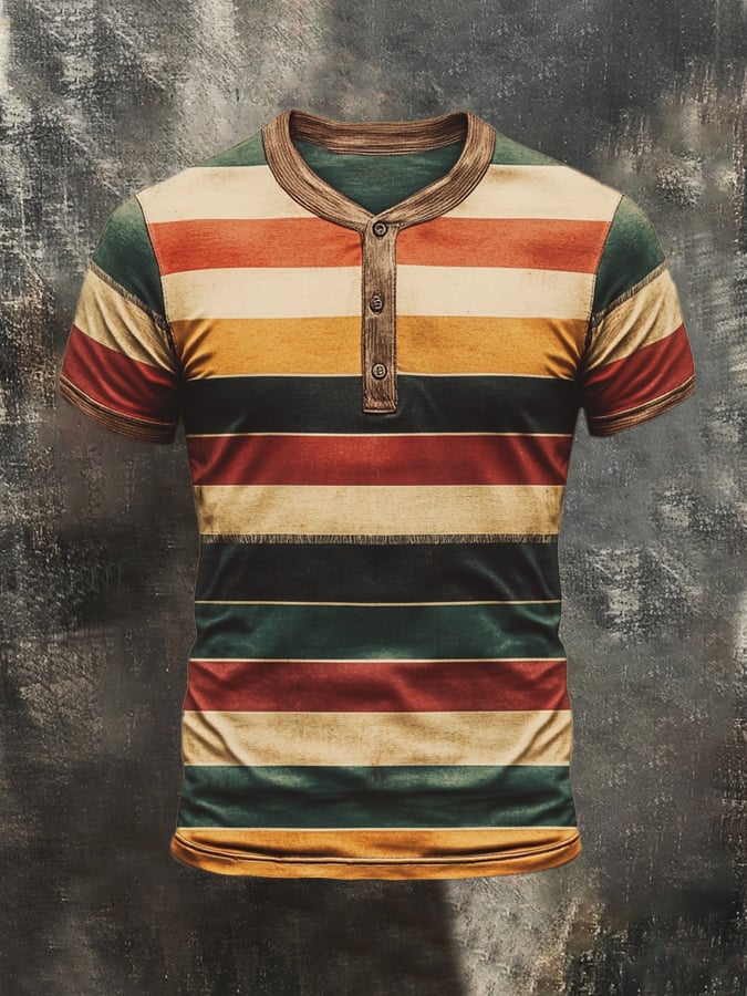Men's Vintage Striped Casual Henley Short Sleeve T-Shirt