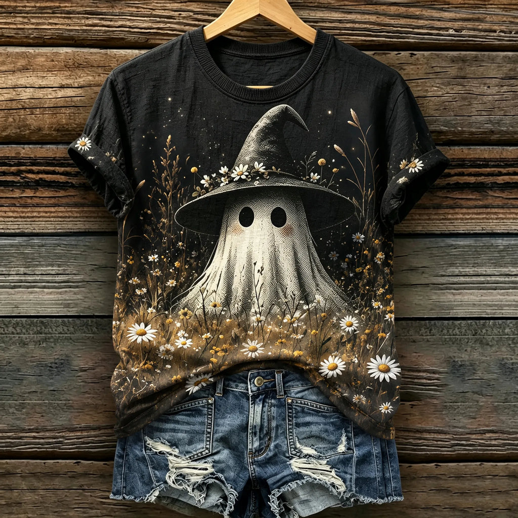 Women's Retro Bohemian Halloween Theme Ghost And Floral Print T-shirt
