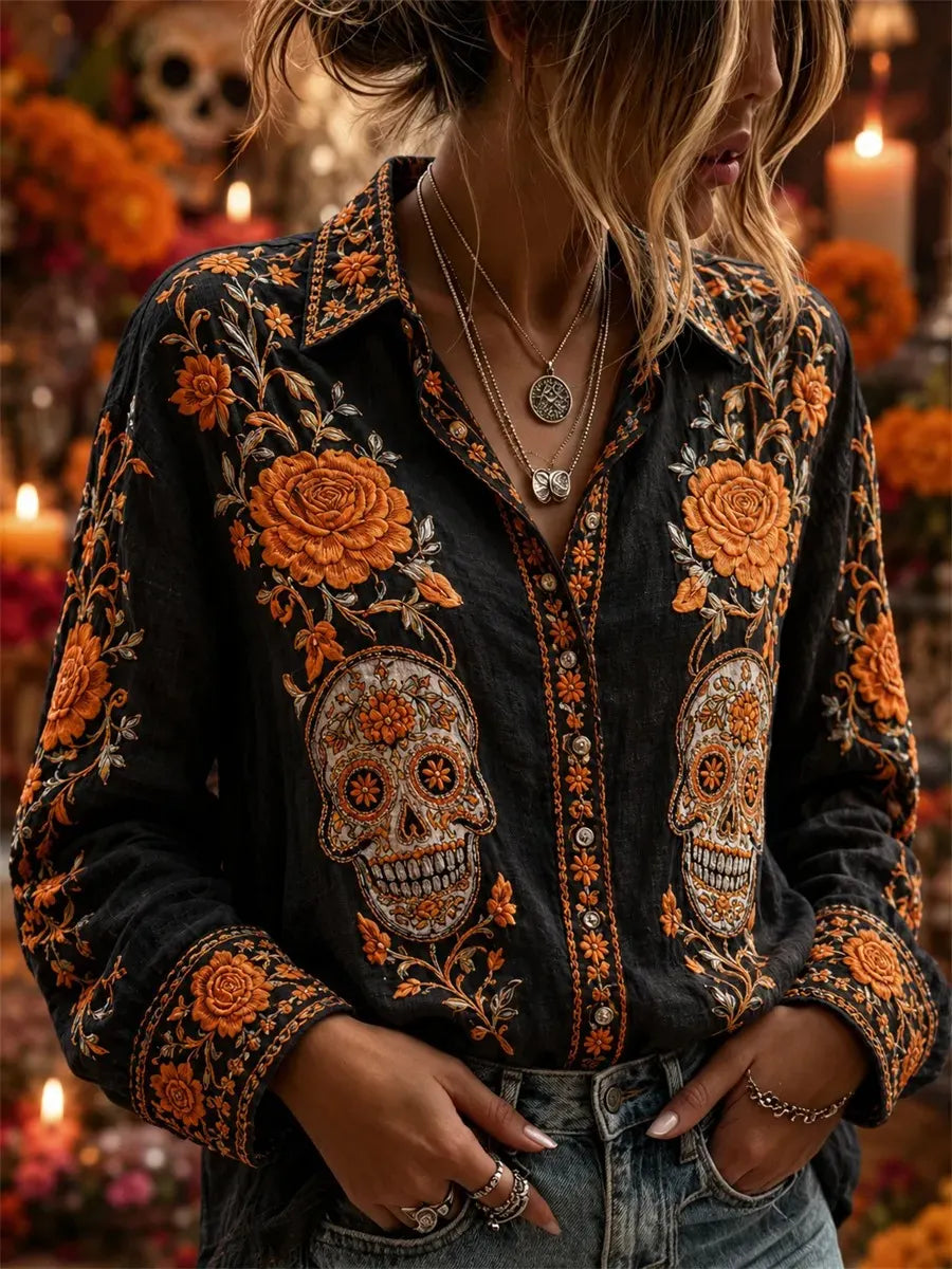 Women's Day Of The Dead Sugar Skull Rose Flower Print Long Sleeve Shirt