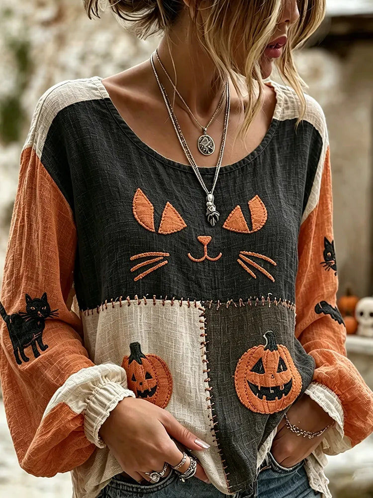 Women's Vintage Halloween Wizard Cat Art Embroidered Linen Blend Round Neck Long Sleeve Tops