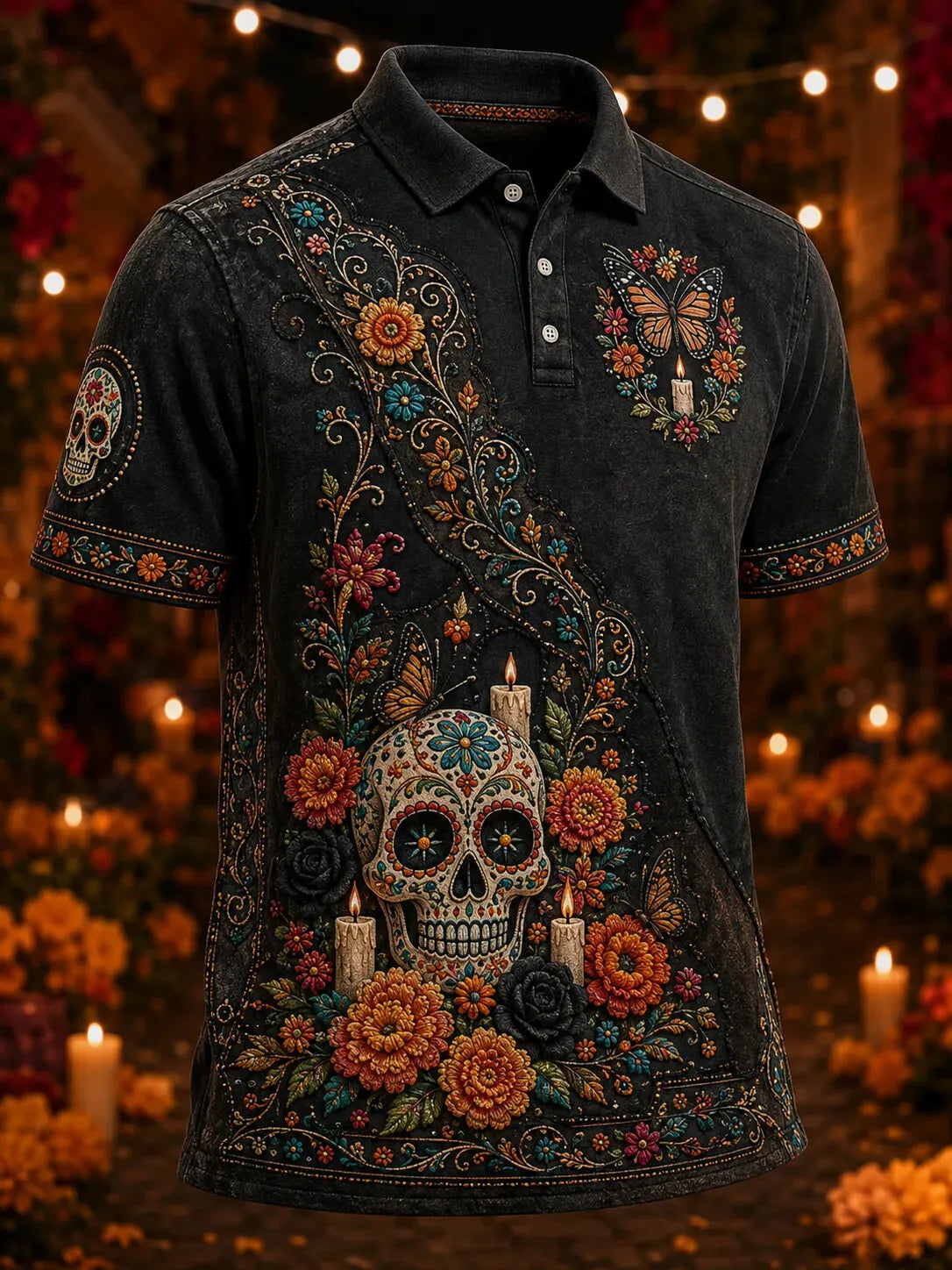 Men's Day Of The Dead Skull Triple Candle Butterfly Dense Floral Print Short Sleeve Polo Shirt