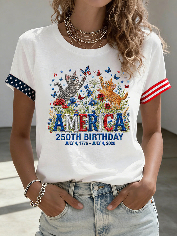 Women'S American Flag Kitten Printed Casual T-Shirt
