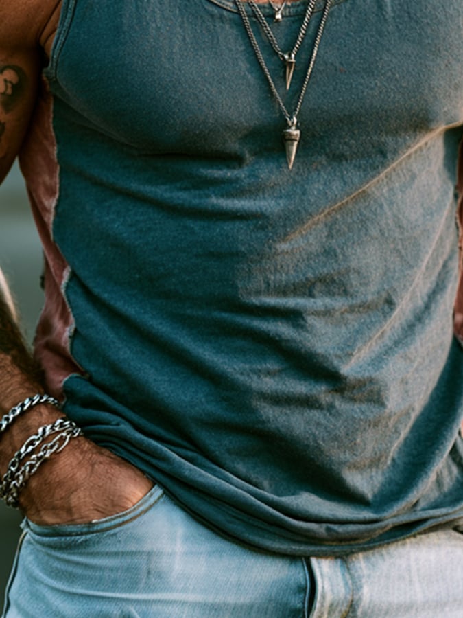 Men'S Fashion Pure Cotton Sleeveless Crew-Neck Tank Top With Distressed, Color-Block, And Panel Details