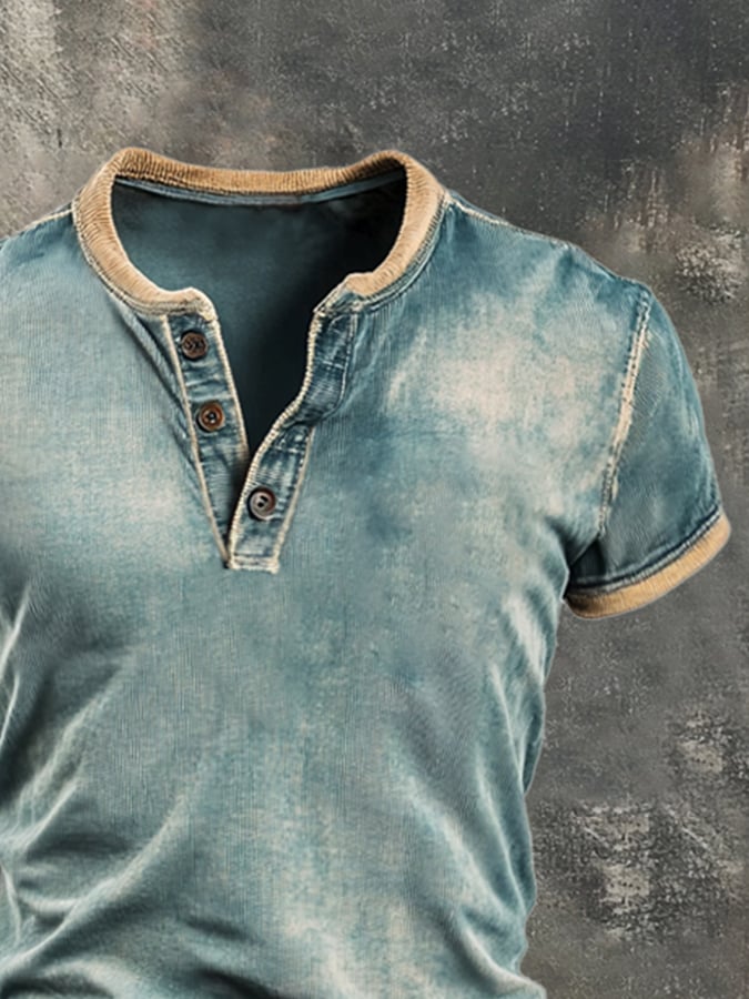Men's Vintage Distressed Colorblock Cotton Casual Henley Short Sleeve T-Shirt