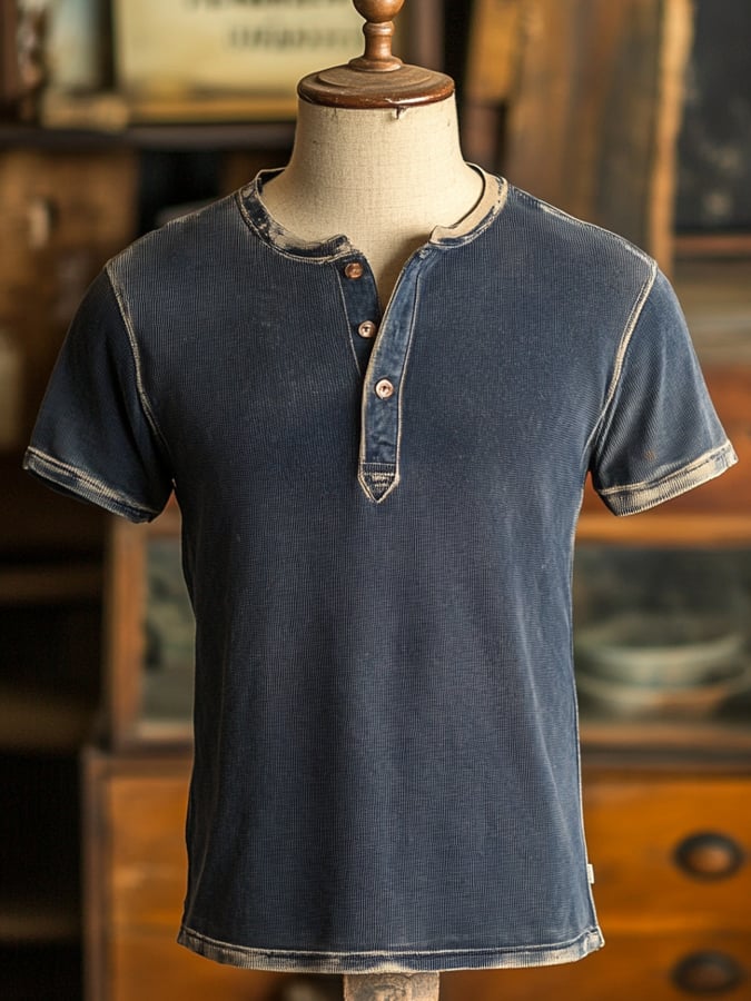 Men's Vintage Color Block Cotton Casual Henley Short Sleeve T-Shirt