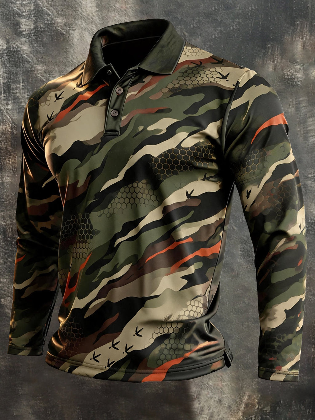 Men's Retro Color-Block Camouflage Long-Sleeve Polo Shirt