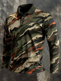 Men's Retro Color-Block Camouflage Long-Sleeve Polo Shirt