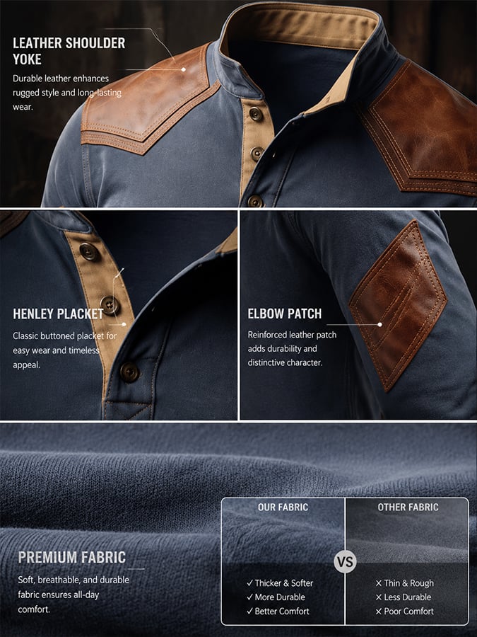 Men's Vintage-Style Henley T-Shirt with Leather Shoulder Panels