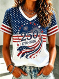 Women's U.S. 250th Anniversary Commemorative Printed Casual V-Neck Top