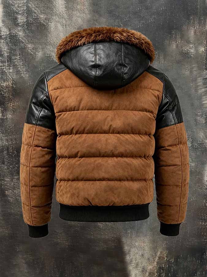 Men's Vintage Color-Block Leather Hooded Down Jacket