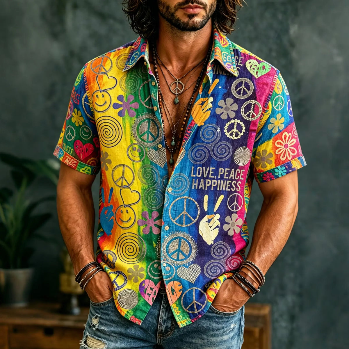 Men's Rainbow Love Peace Happiness Hippie Retro Print Short Sleeve Buttons Shirt