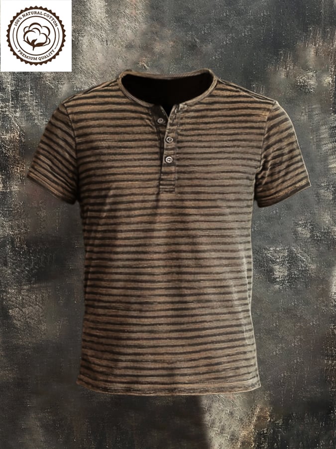 Men's Vintage Stripe Casual Henley Short Sleeve T-Shirt