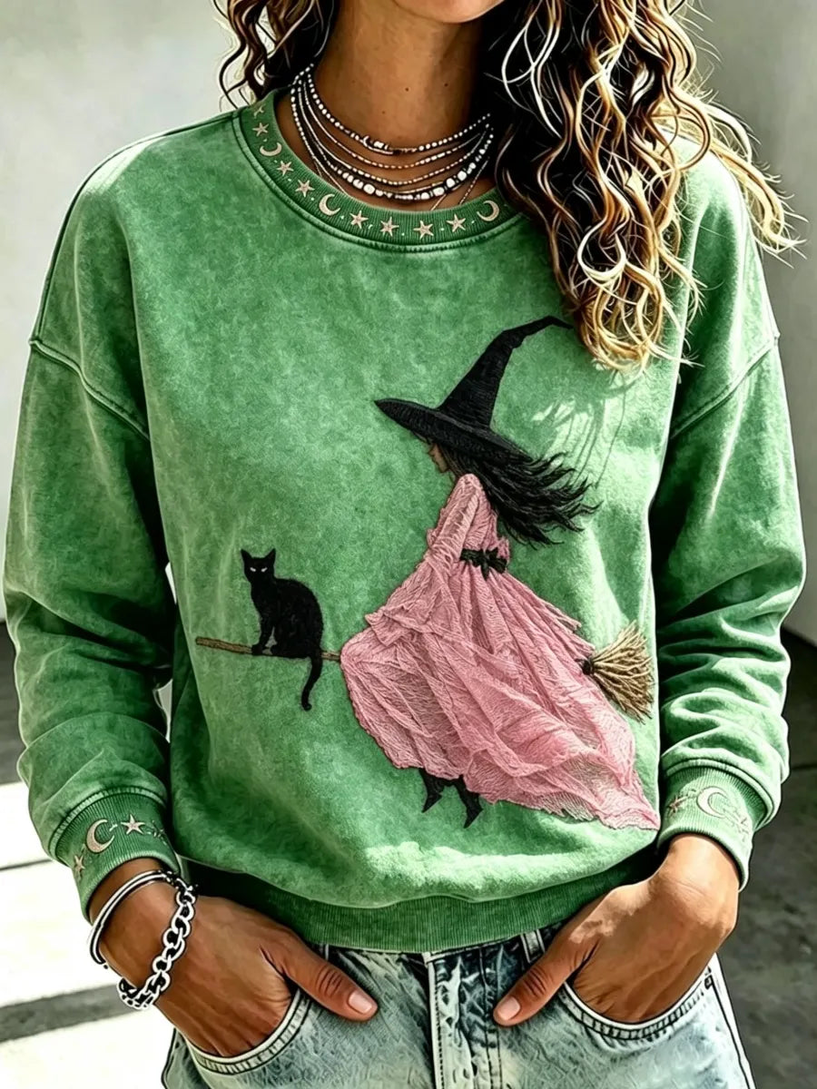 Women's Pink Witch-Themed Print Casual Sweatshirt