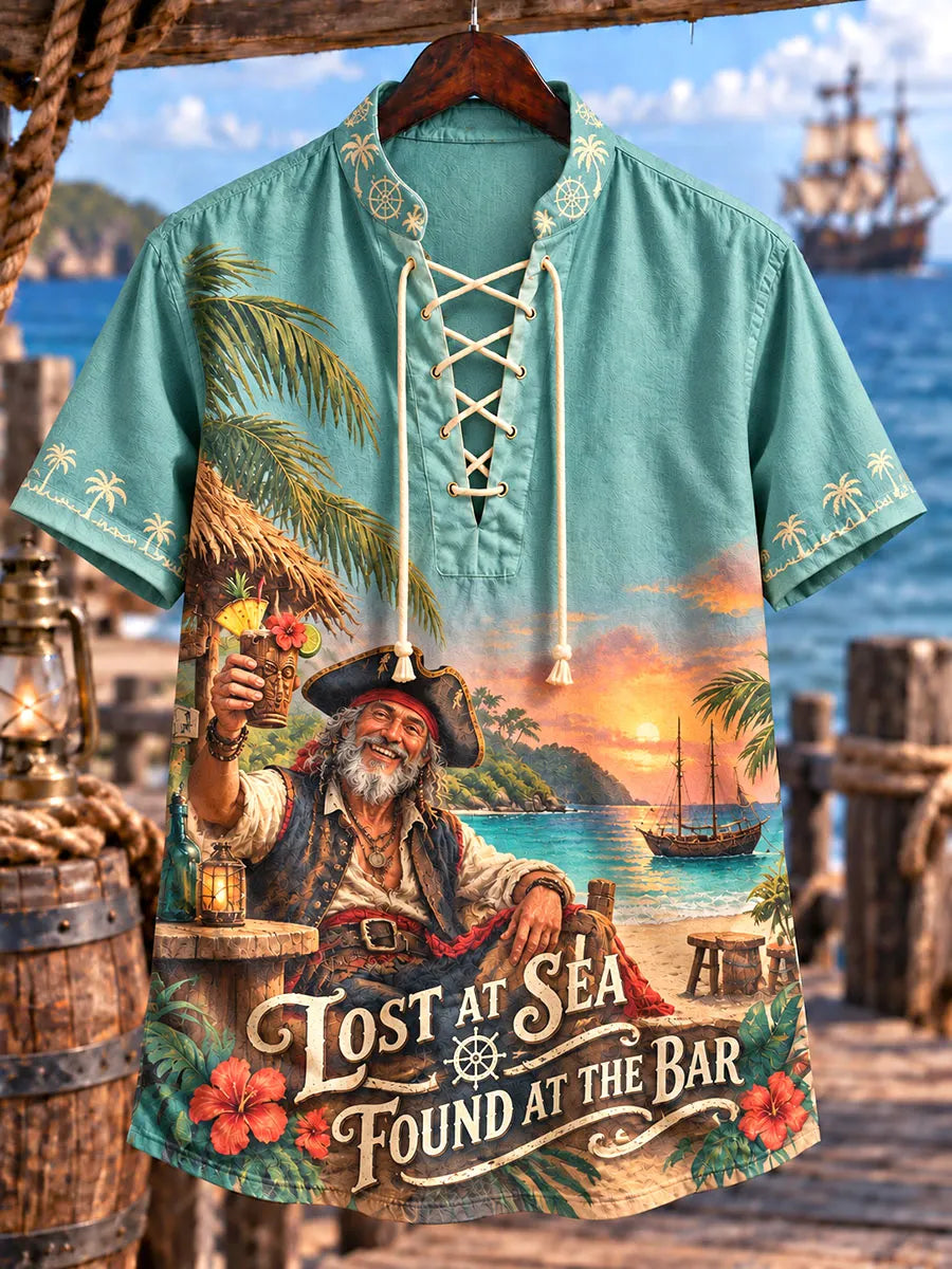 Men’s Tropical Beach Pirate Print Lace-Up Short Sleeve Shirt