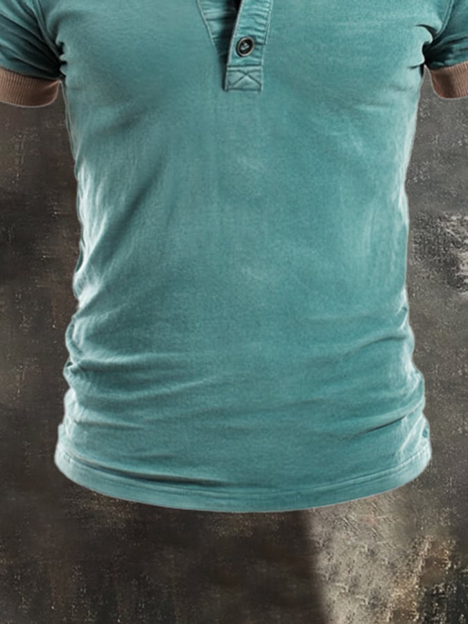 Men's Vintage Color Block Cotton Casual Henley Short Sleeve T-Shirt