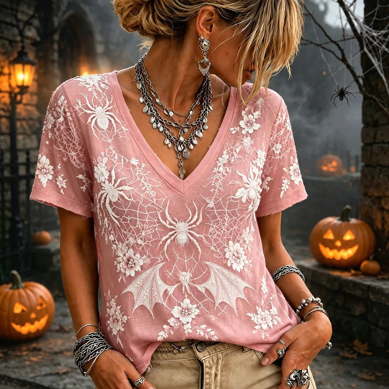 Women 3d Silver Spider Bat Floral Lace Mesh V Neck Short Sleeve Gothic Witch Halloween Top
