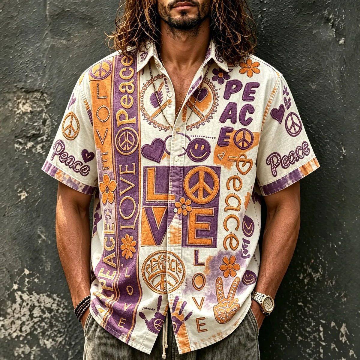 Men's Smiley Peace Symbol Hippie Print Short Sleeve Buttons Shirt