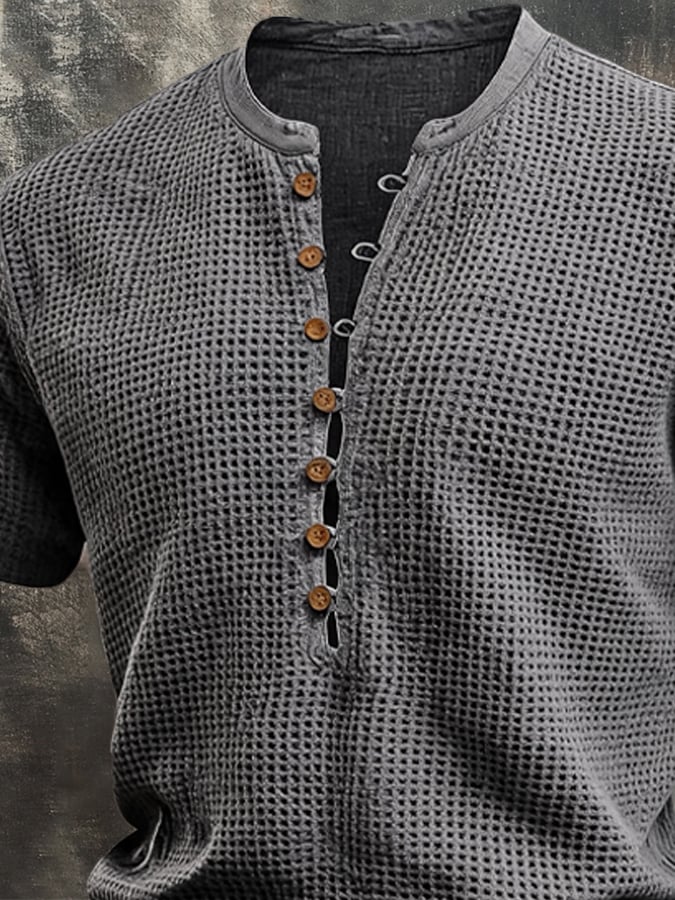 Men's Vintage Waffle-Knit Henley Short-Sleeve T-Shirt